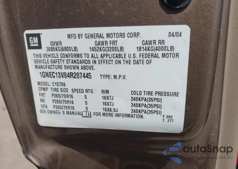 2004 Chevrolet Tahoe Ls from USA, damaged, VIN 1GNEC13V84R287445